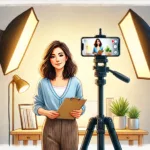 Person mit Textvorlage vor einem Smartphone auf Stativ zwischen zwei Softboxen.
