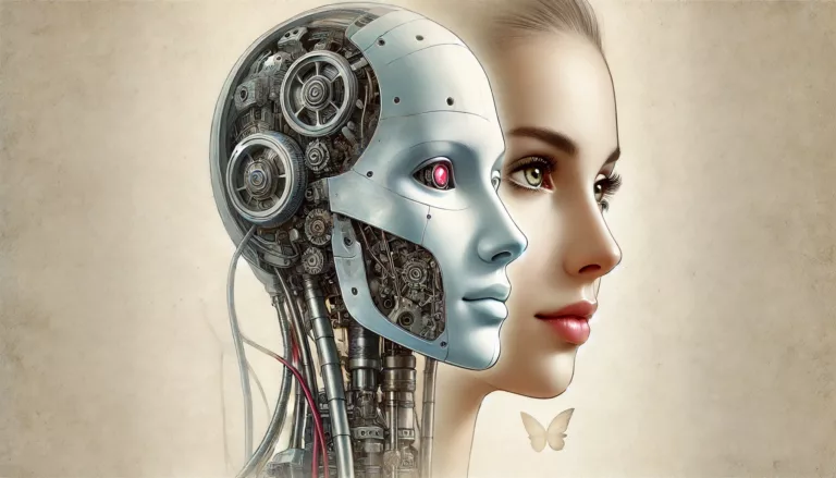 Menschliches Gesicht neben einem mechanischen Robotergesicht.
