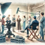 Filmteam mit Kamera, Tonangel und Beleuchtung bei einer gemeinsamen Szene im Studio.