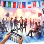 Filmteam mit Kameras und Beleuchtung unter einer Reihe internationaler Flaggen.