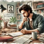 Nachdenklicher Mann schreibt an einem Tisch mit Büchern, Notizen und Schreibmaschine.