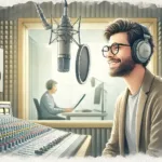 Sprecher mit Kopfhörern vor einem Studiomikrofon und Popfilter neben einem Mischpult.