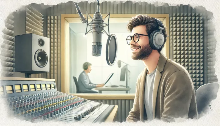 Sprecher mit Kopfhörern vor einem Studiomikrofon und Popfilter neben einem Mischpult.