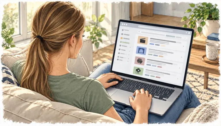 Rückenansicht einer jungen Frau mit blondem Pferdeschwanz, die auf dem Sofa Casting-Angebote am Laptop auf ihrem Schoß durchsieht.