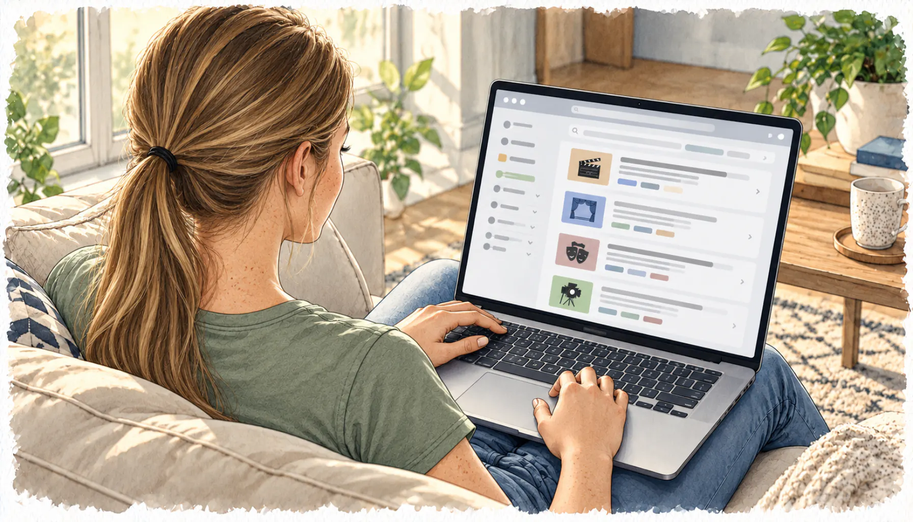 Rückenansicht einer jungen Frau mit blondem Pferdeschwanz, die auf dem Sofa Casting-Angebote am Laptop auf ihrem Schoß durchsieht.