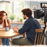 Schauspielerin mit blauer Tasse spricht am Küchentisch mit ihrem Szenenpartner, während ein Kameramann sie filmt.