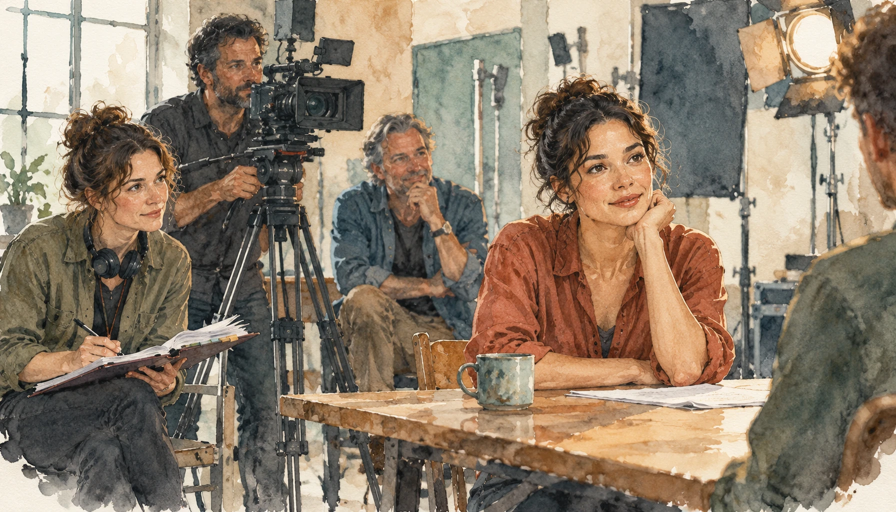 Schauspielerin am Tisch, Script-Mitarbeiterin mit Notizbuch und Kamerateam beobachten einen Szenenpartner.