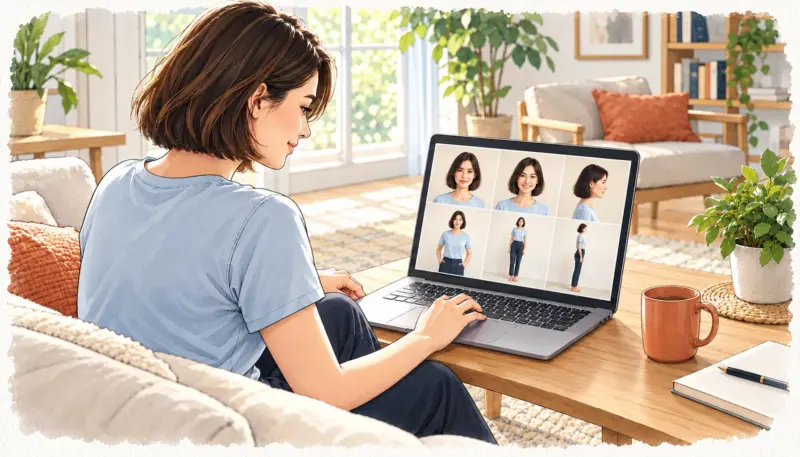 Frau im hellblauen T-Shirt bearbeitet auf dem Sofa am Laptop ihre Polaroids fürs Casting: sechs Ansichten von Porträt bis Ganzkörper.