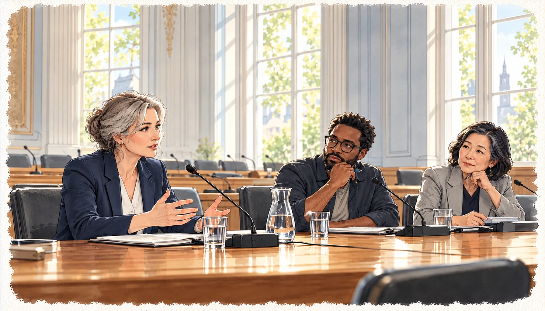 Anhörung zur Filmproduktion – Illustration Illustration: Eine Frau spricht an einem Tischmikrofon, zwei weitere Personen hören ihr im Sitzungssaal zu.