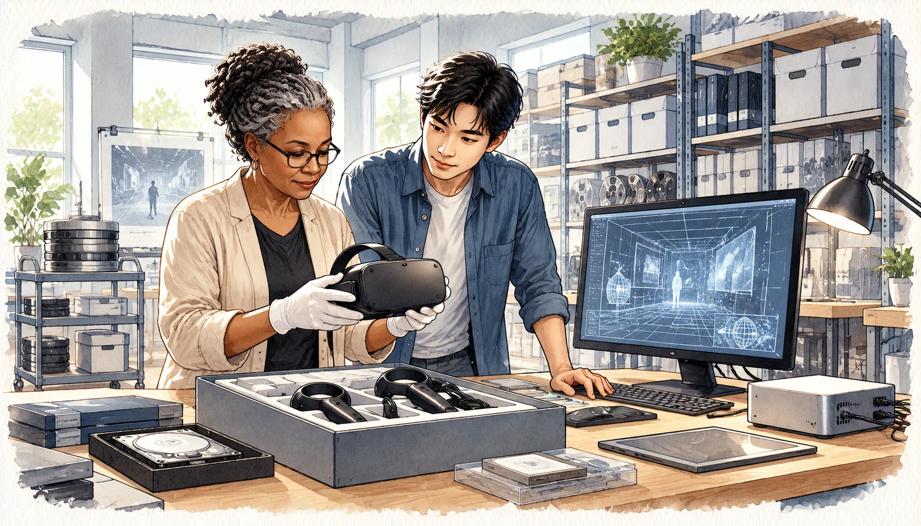 Zwei Personen prüfen ein VR-Headset vor einem Monitor mit räumlicher Gitterdarstellung; daneben stehen Archivboxen.