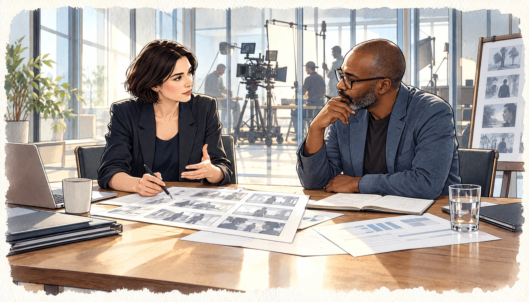 Zwei Personen besprechen Unterlagen am Tisch; hinter einer Glasscheibe stehen Filmkamera und Leuchten.