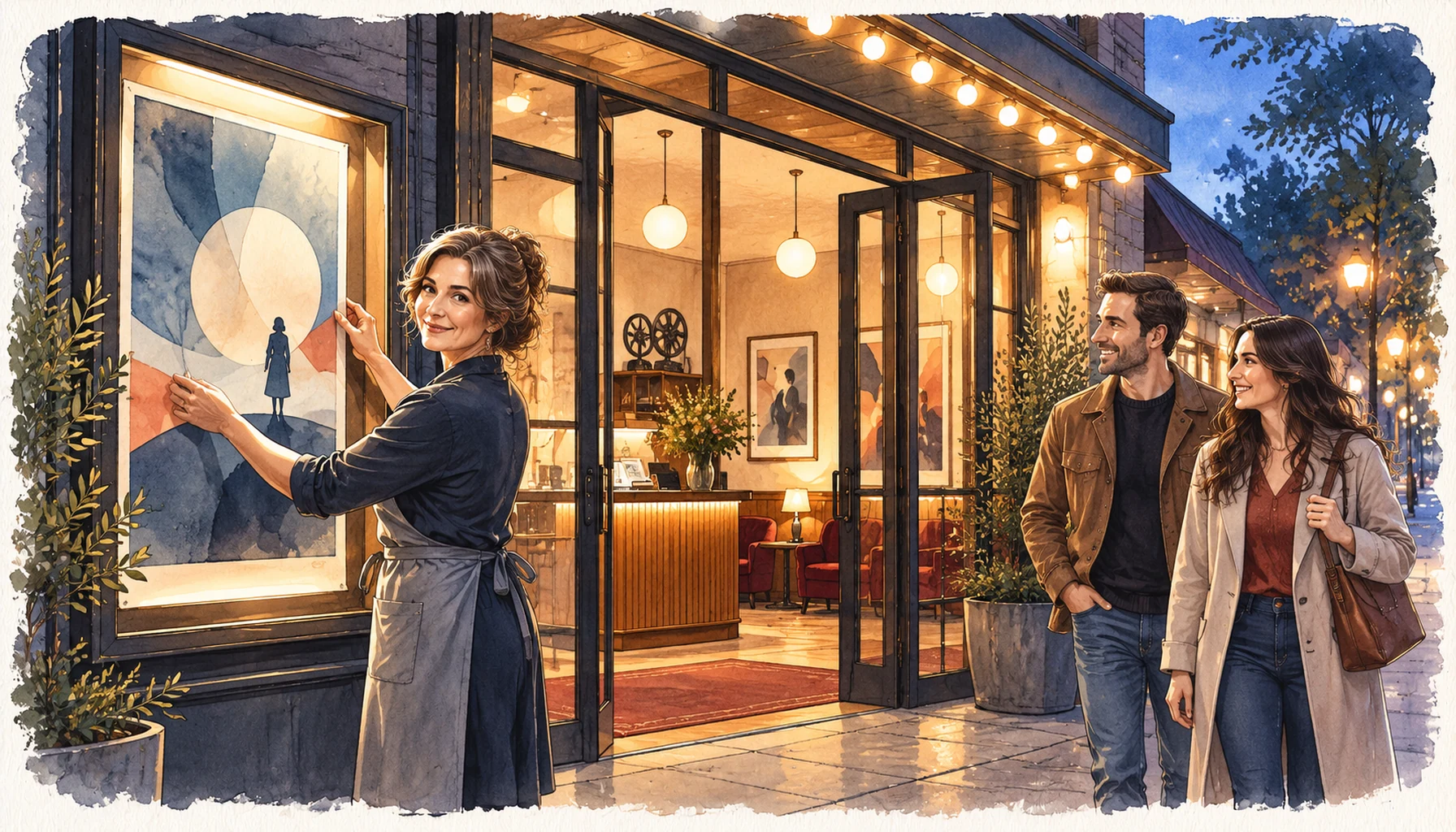 Ein Filmabend im kleinen Kino Eine Frau hängt ein abstraktes Plakat vor einem kleinen Kino auf; zwei Gäste kommen zum Eingang.