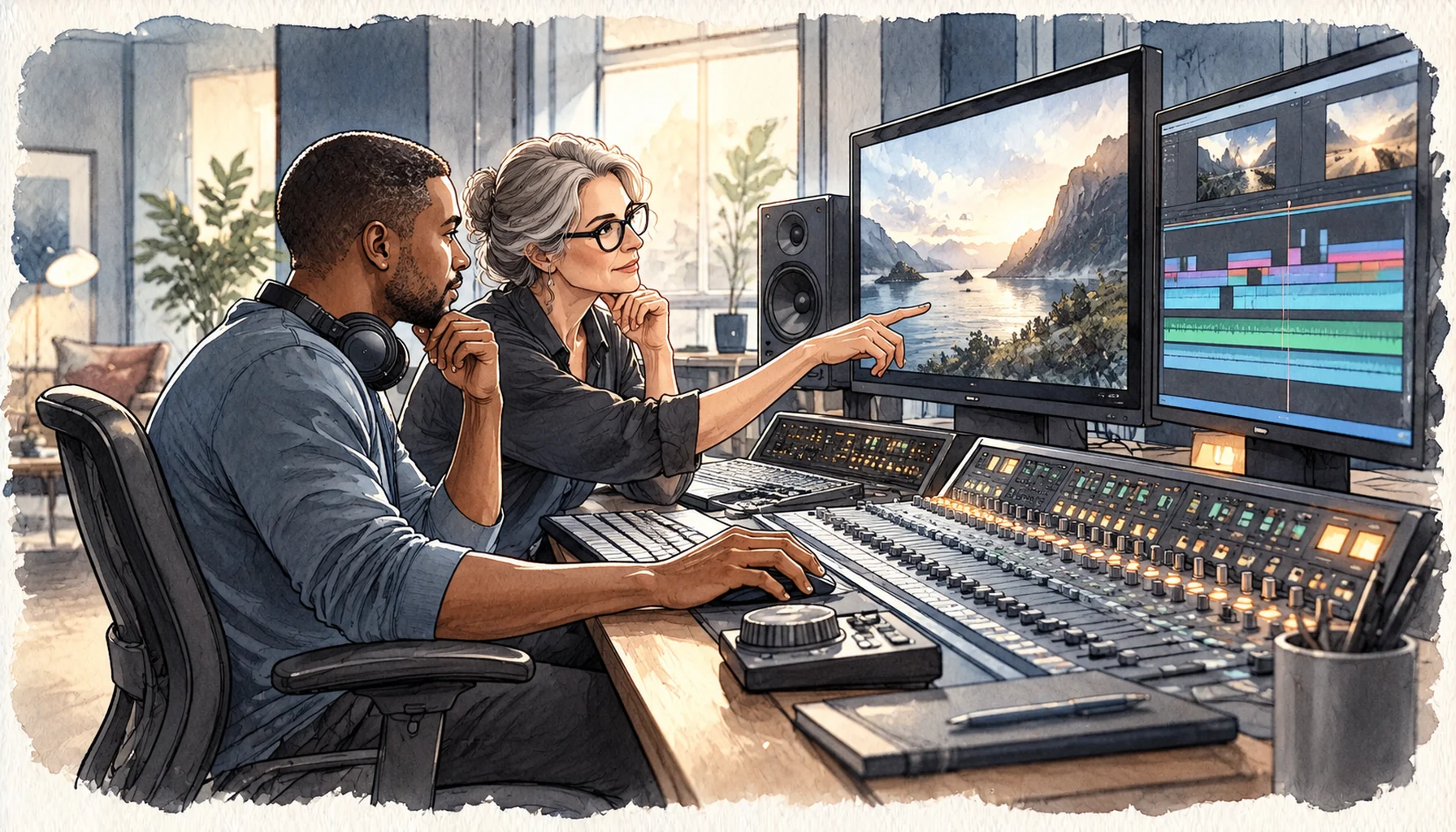Ein Mann und eine Frau arbeiten am Mischpult; Monitore zeigen eine Landschaft und eine Schnittansicht.