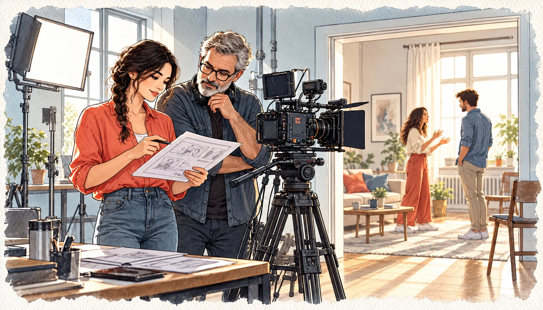 Eine Regisseurin und ein Kameramann stehen neben einer Filmkamera; im Hintergrund warten zwei Darstellende.