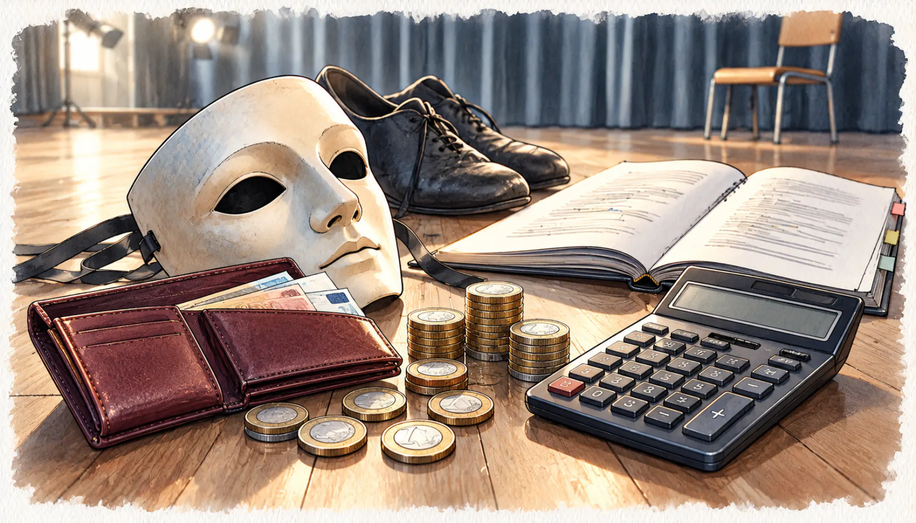 Theatermaske, Geldbörse, Münzen und Taschenrechner liegen neben einem Rollentext und Probenschuhen auf einem Holzboden.