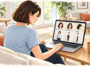 Frau im hellblauen T-Shirt bearbeitet am Laptop ihre Polaroids fürs Casting in sechs Ansichten.