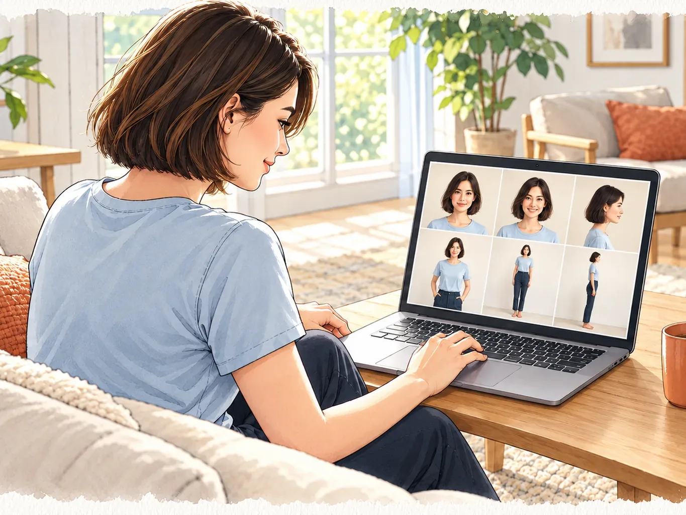 Polaroids im Portrait-Studio bearbeiten Frau im hellblauen T-Shirt bearbeitet am Laptop ihre Polaroids fürs Casting in sechs Ansichten.