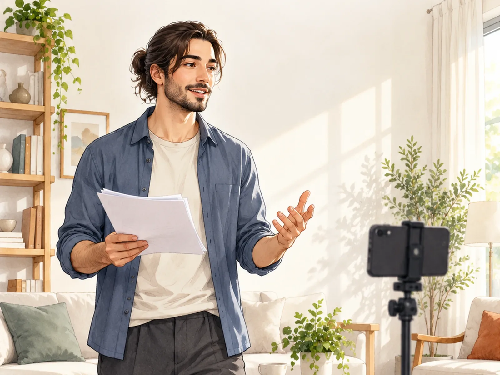 Self-Tape zu Hause aufnehmen Mann probt im Wohnzimmer mit Textblättern vor einem Smartphone auf Stativ für ein Self-Tape.