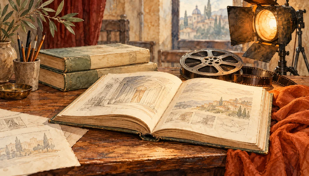 Aufgeschlagenes Buch mit Zeichnungen, gestapelte Bücher, Filmrolle und leuchtender Studioscheinwerfer.