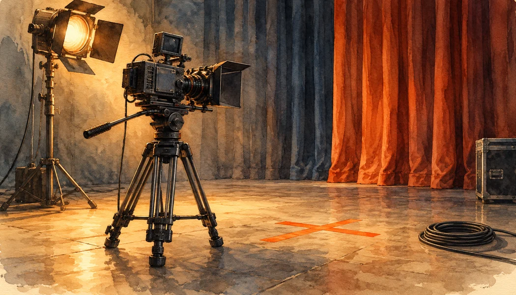 Filmkamera auf einem Stativ, leuchtender Scheinwerfer und orange Bodenmarkierung vor einem Bühnenvorhang.