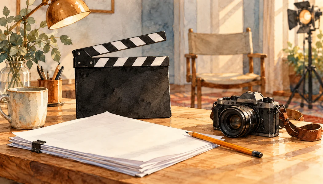 Filmklappe, Kamera, Papierunterlagen und Bleistift auf einem Holztisch vor einem leeren Stuhl.