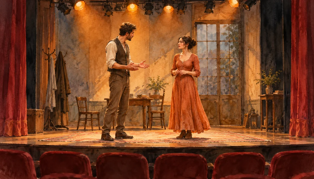 Zwei Personen spielen eine Szene auf einer beleuchteten Theaterbühne mit rotem Vorhang.